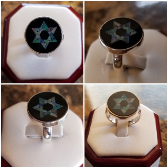 Mosiac Fire Opal in Black Onyx Star of David Ring - Picture 3 of 6